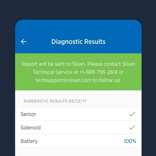 Sloan Connect app showing faucet diagnostic results