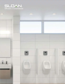 modern corporate restroom with a clean and functional design. The Sloan automatic sensor urinals are neatly arranged against a white-tiled background, highlighting the space’s minimalist aesthetic, efficiency, and hygiene.