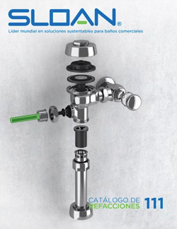Sloan flushometer disassembled into its main components, highlighting the precision and engineering behind each part. This visual is part of the Spare Parts Catalog 111, emphasizing the ease of maintenance and the sustainable quality that defines Sloan products.