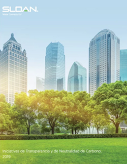 urban landscape where modern skyscrapers rise behind a stretch of trees and green grass, symbolizing harmony between development and sustainability. It represents Sloan’s 2019 Transparency and Carbon Neutrality Initiatives, highlighting the company’s commitment to environmental responsibility and ecological efficiency.