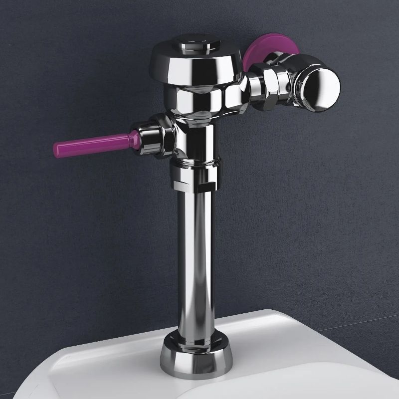 Reclaimed water flushometer with purple handle and wall flange, clearly identifying non-potable water use.
