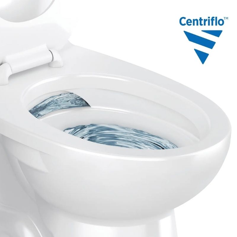 Close-up of a Sloan toilet with Centriflo™ technology, showing the powerful water vortex that ensures efficient, complete cleaning.