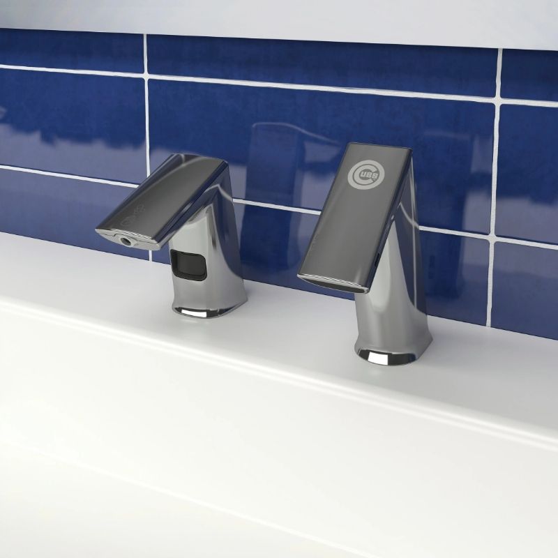 Sloan touchless faucets with Chicago Cubs logo on blue tile background