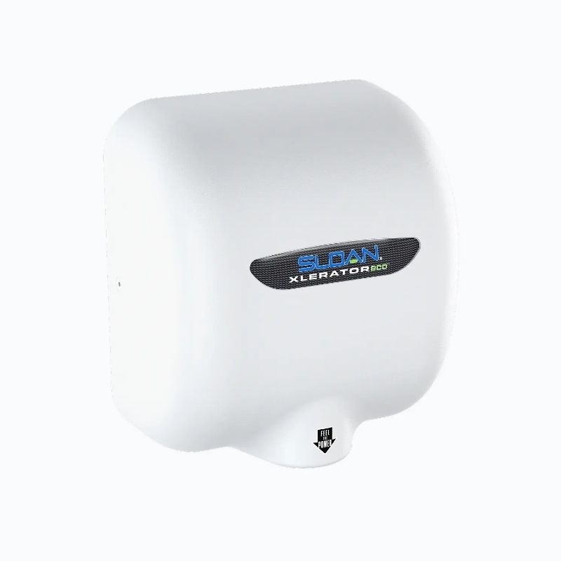Matte gray Sloan Xcelerator hand dryer with “Feel the Power” label.
