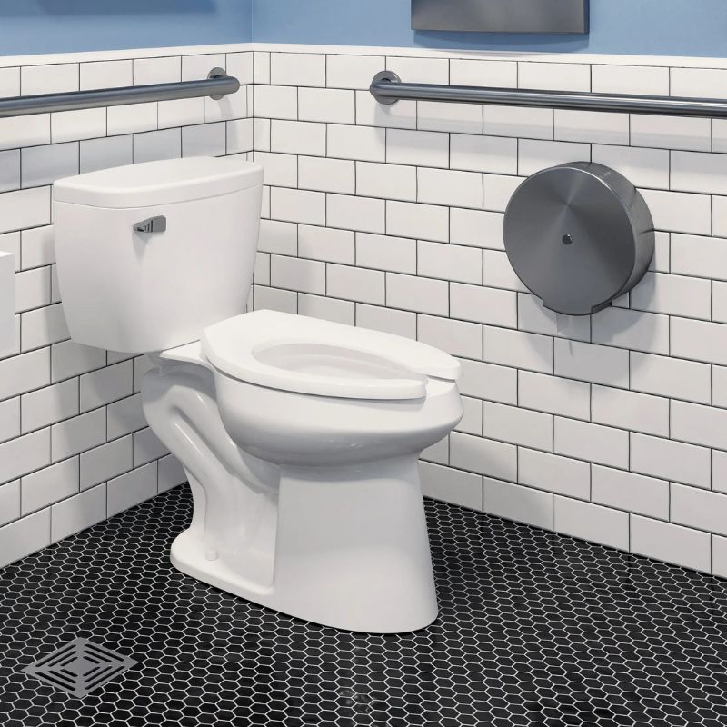 Toilet with tank installed in an accessible restroom featuring white subway tile walls, black mosaic floor, and metal grab bars.