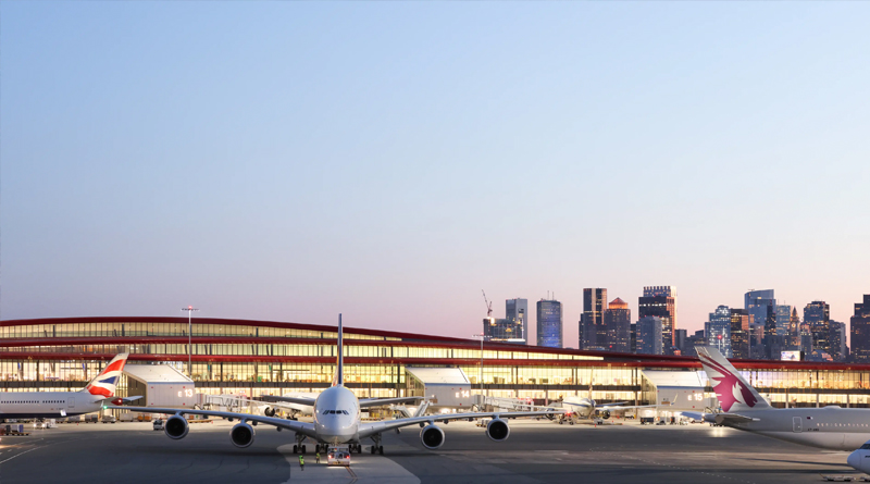 a modern airport terminal at sunset, with several airplanes from different airlines parked on the tarmac. The main building, featuring large illuminated windows and a curved structure, reflects a contemporary and functional design. In the background, a city skyline with lit skyscrapers adds a dynamic contrast between urban life and the airport setting.