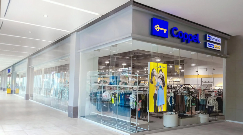 Coppel store located inside a modern shopping mall. The storefront features a transparent glass façade that reveals a bright interior with neatly arranged clothing and accessory sections.